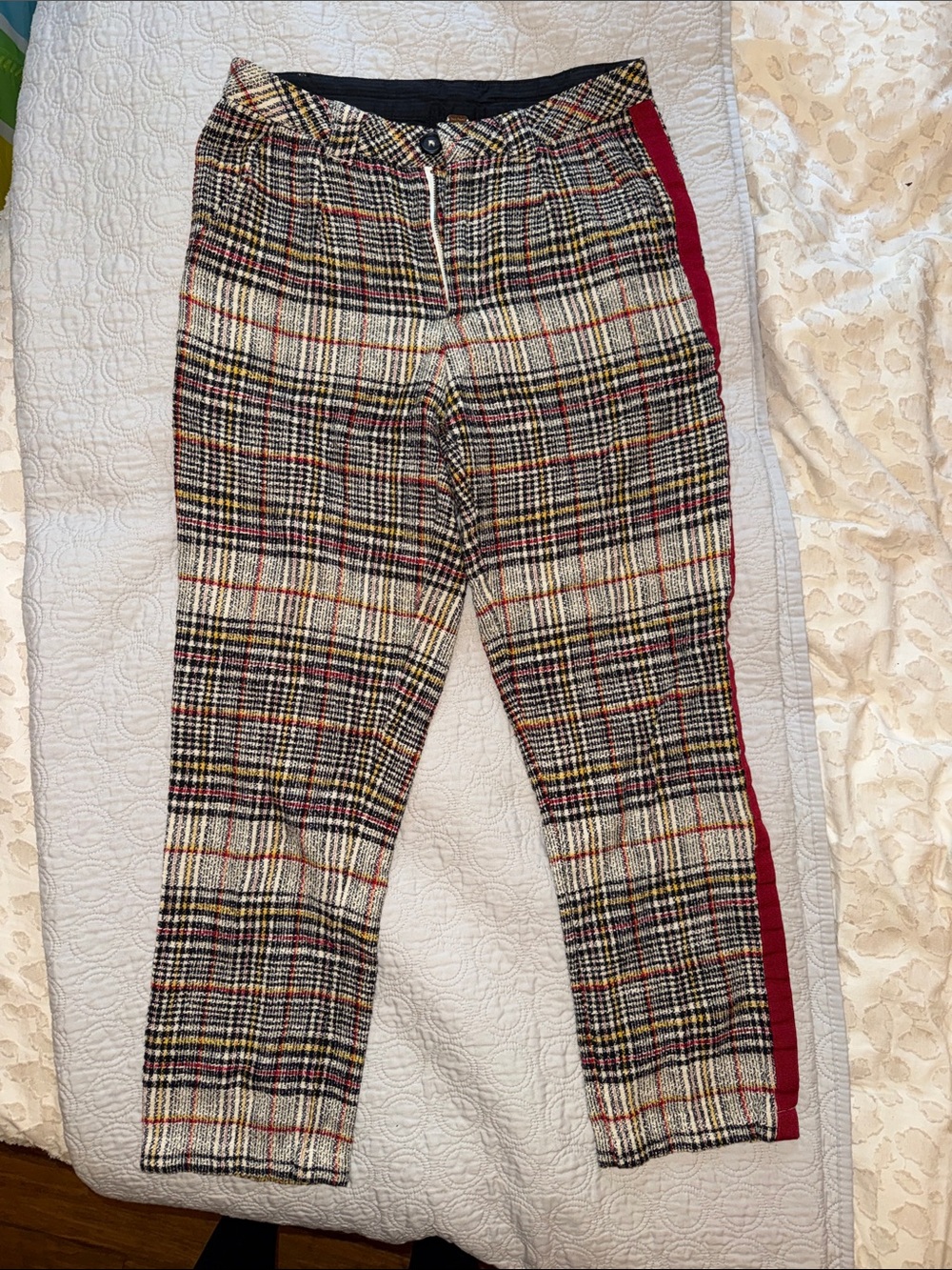 Free People Plaid Trousers with Red Side Stripe
